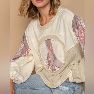 NEW Pol Women's Cream and Pink Patchwork  Long Sleeve Top SZ S